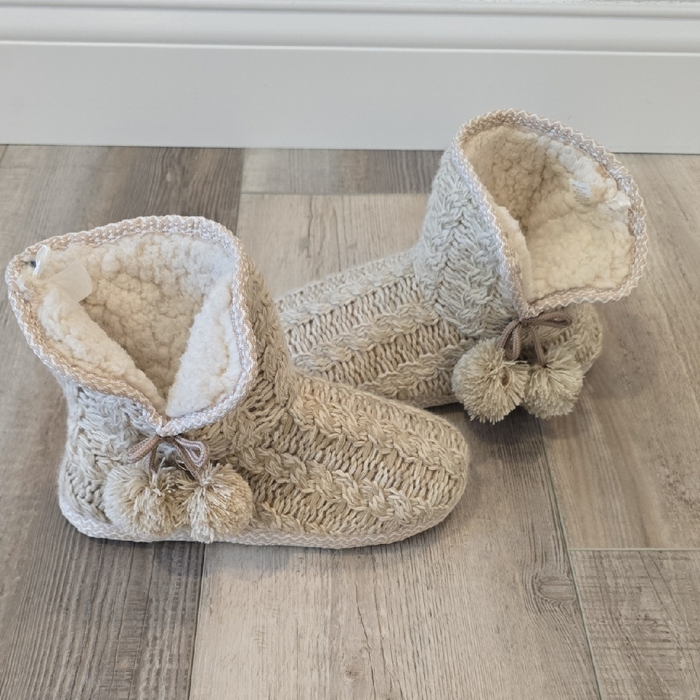 Cozy Knit Slipper Boots with Pom Poms